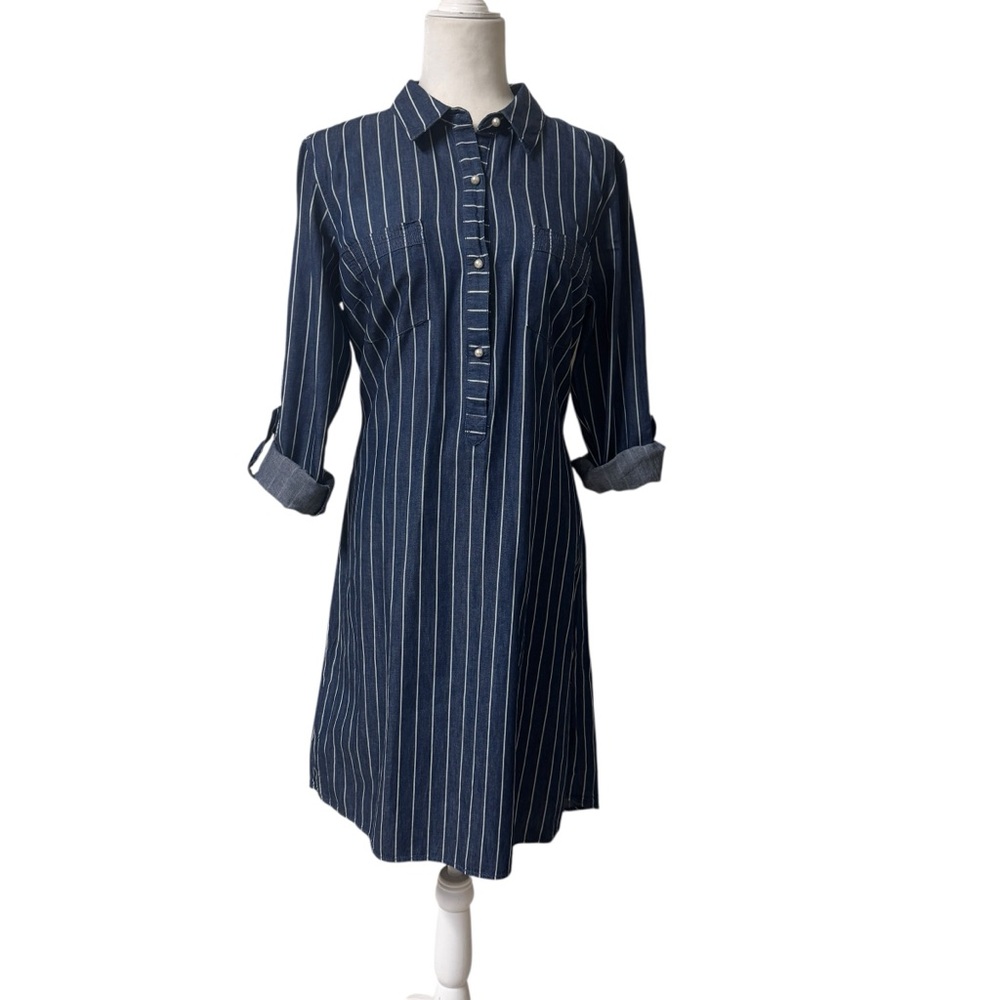 Given Kale denim striped pear button chambray lagen coastal, shirtdress sz L - Picture 5 of 7